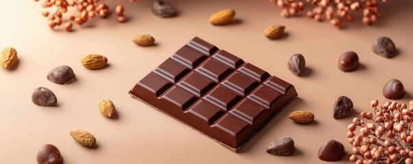 Fototapeta premium Minimal chocolates concept. Delicious chocolate bar surrounded by various cocoa treats and nuts on a soft background.