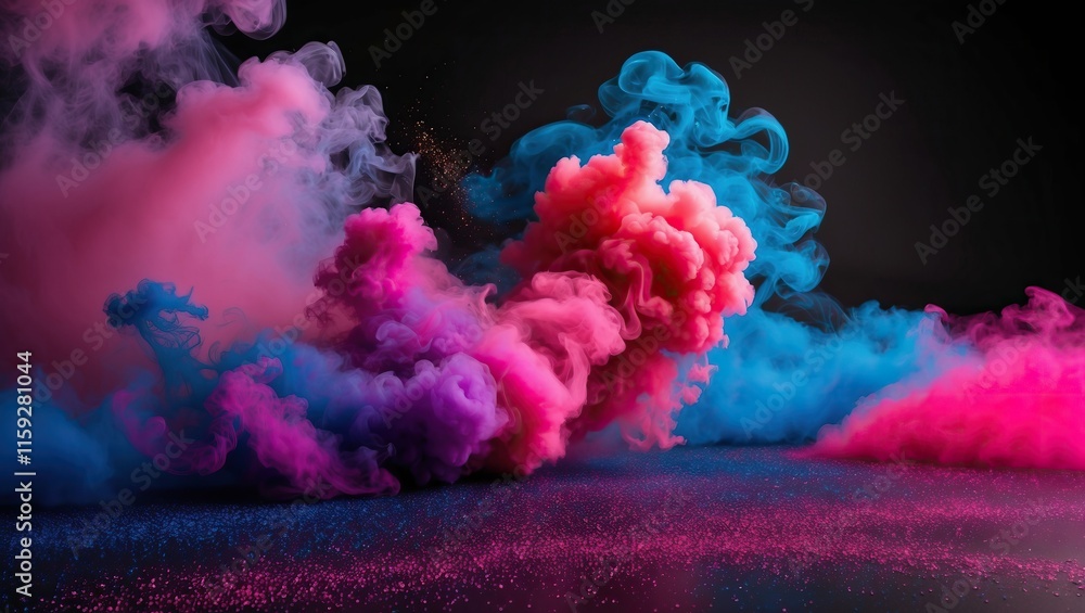 Poster vibrant abstract image featuring colorful smoke in shades of pink and blue, creating a dynamic and a