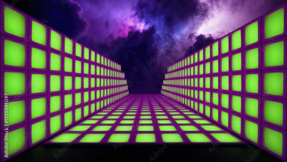 Poster futuristic digital background with glowing green and purple elements, creating an abstract and vibra