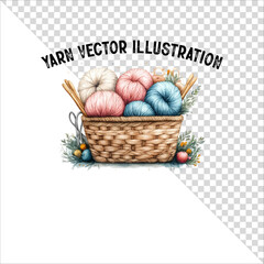 A clipart of knitting needles and yarn with basket. Skein of yarn with knitting needles
