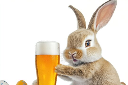 A rabbit holds a glass of beer near decorated Easter eggs, a fun and unique scene