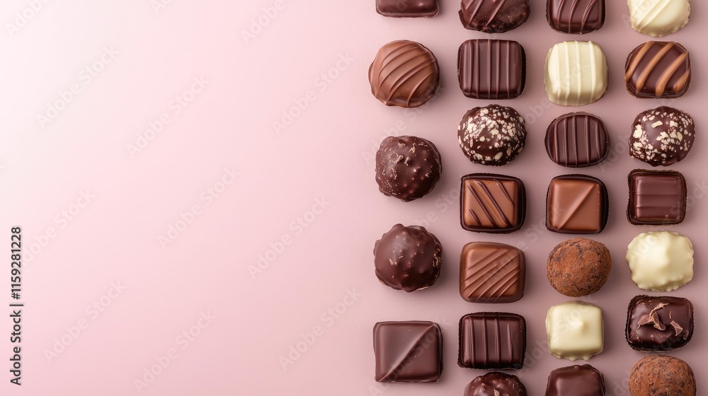 Poster minimal chocolates idea. a delightful assortment of chocolates arranged on a soft pink background.