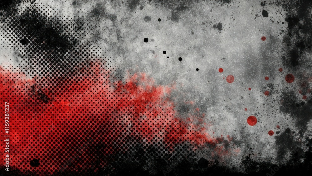 Poster dynamic abstract texture featuring red, black, and gray splashes with polka dot patterns, perfect fo