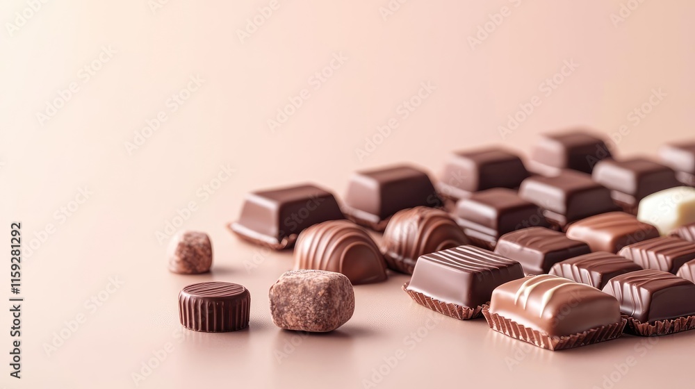 Poster minimal chocolates idea. assorted chocolate candies displayed on a soft pastel background.