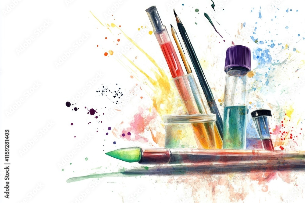 Poster a collection of colorful pens and ink splatters on a surface