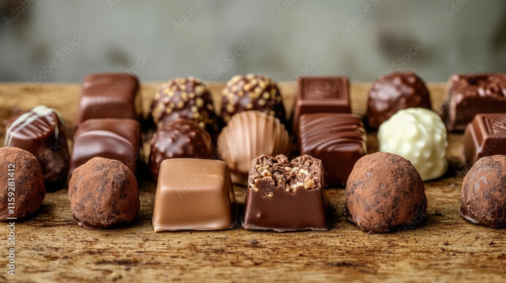 Poster minimal chocolates concept. assorted chocolates on a wooden table, showcasing various textures and f