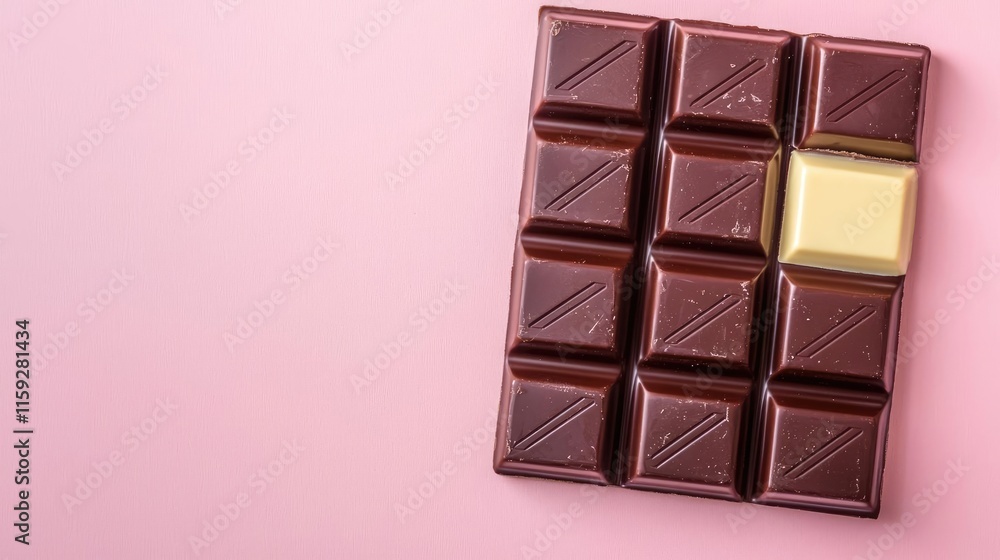Poster minimal chocolates concept. a close-up of a unique chocolate bar with a missing piece against a soft