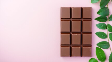 Minimal chocolates concept. A delicious bar of chocolate next to fresh green leaves on a pastel pink background.
