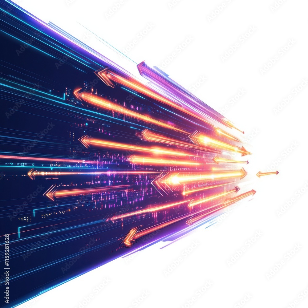 Poster dynamic abstract image depicting bright neon arrows in motion, representing speed and technology.