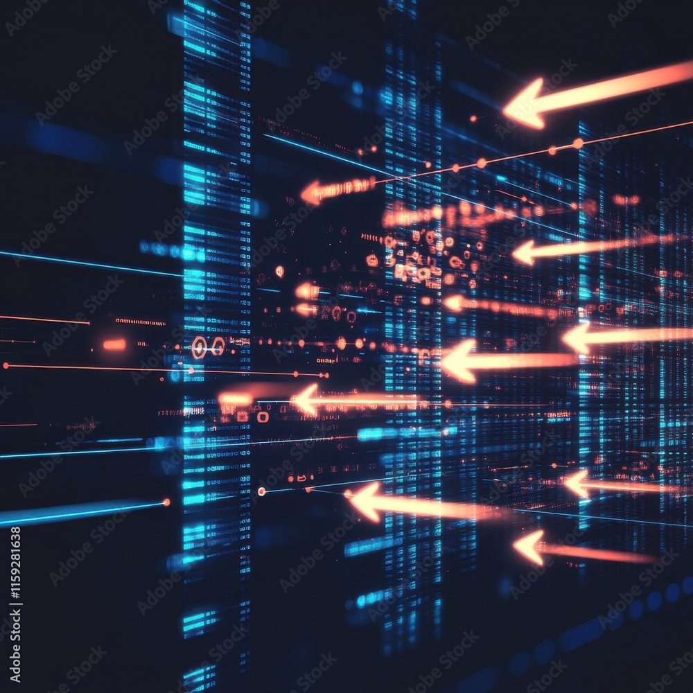 Poster dynamic digital interface with glowing blue and orange elements representing data flow and technolog