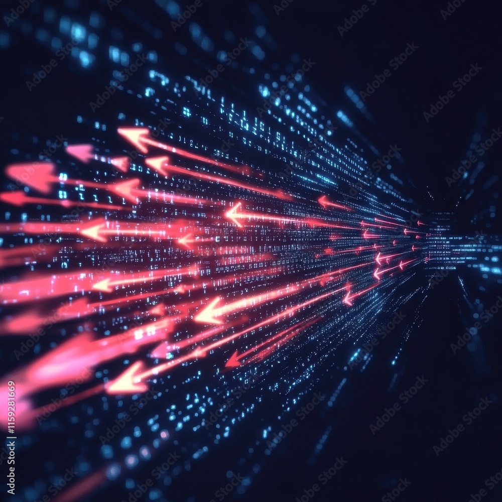 Poster dynamic digital arrows in red and blue, representing data flow and speed in technology.