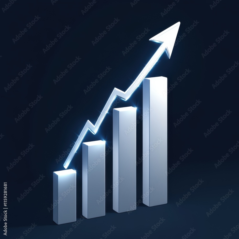 Poster stylized white bar graph with an upward arrow indicating growth and progress on a dark background.