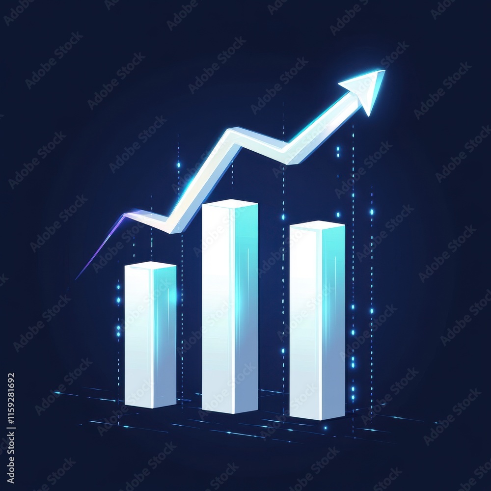 Aufkleber a modern data visualization featuring three rising bars and an upward arrow on a dark background.