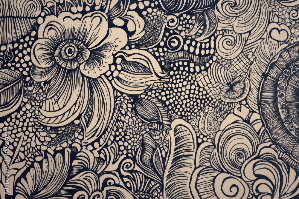 Poster a simple yet elegant illustration featuring flowers and swirling patterns in black and white
