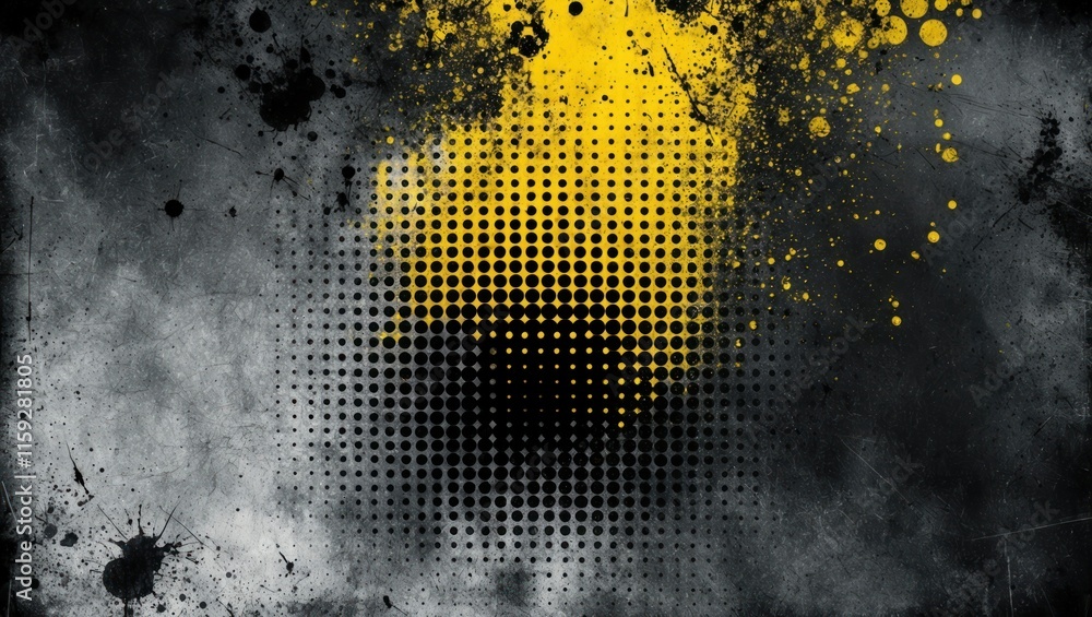 Poster abstract design featuring a vibrant yellow and black splatter pattern, creating a modern, artsy back