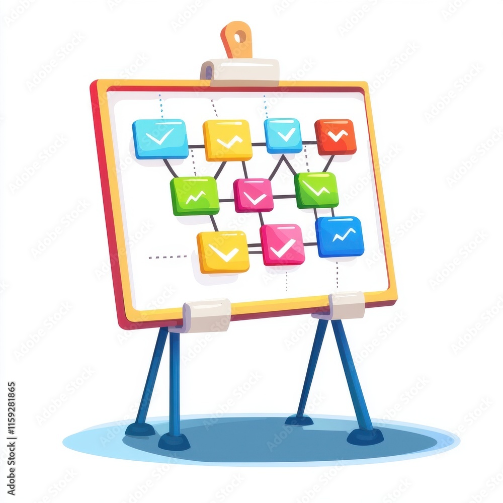 Poster colorful flowchart on a whiteboard, illustrating a dynamic process with various options and decision