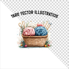 A clipart of knitting needles and yarn with basket. Skein of yarn with knitting needles