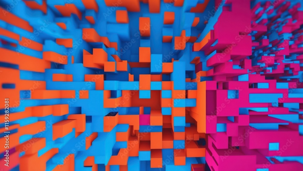 Poster dynamic 3d abstract design in vibrant colors showcases geometric shapes and patterns, ideal for tech