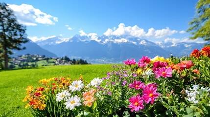 Obraz premium Colorful Flower Field with Majestic Mountains and Blue Sky in Summer Landscape