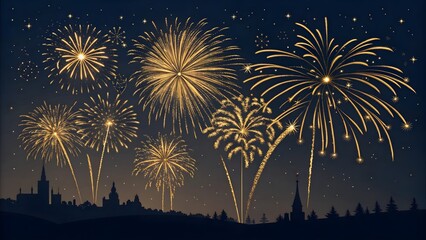 Happy New Year 2025 Silvester Eve party panorama with fireworks against a dark blue and black sky background