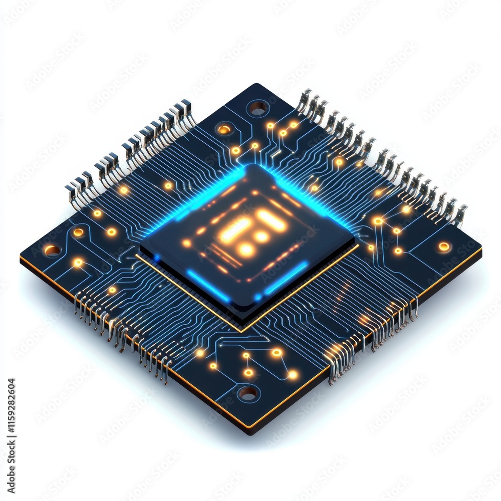 Poster a high-tech microchip displaying intricate circuits and glowing lights, symbolizing innovation and t