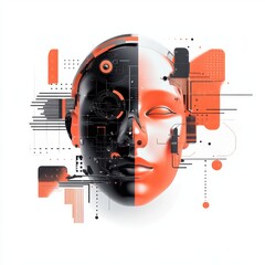 A futuristic black and white digital face with circuit patterns, blending technology and human features.
