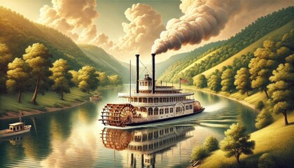 An illustration of a vintage steamboat cruising down a winding river, showcasing the charm of the 19th-century design