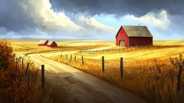 Bright Sunlit Farmland with Red Barns and Scenic Road