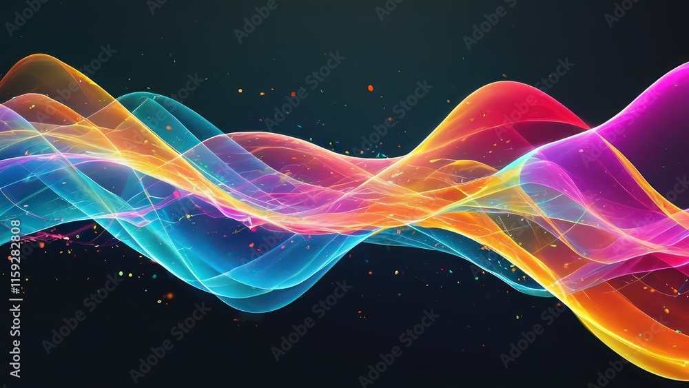 Poster colorful abstract waves of light flow dynamically across dark background, creating a vibrant and ene
