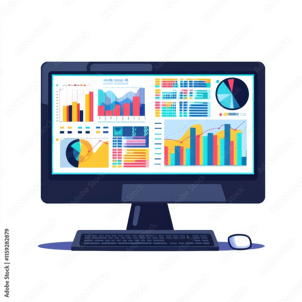Poster a sleek computer monitor displaying colorful data visualizations and graphs, emphasizing analytical 