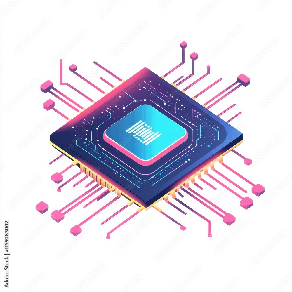 Poster a colorful illustration of a microprocessor with vibrant circuit patterns, showcasing modern technol
