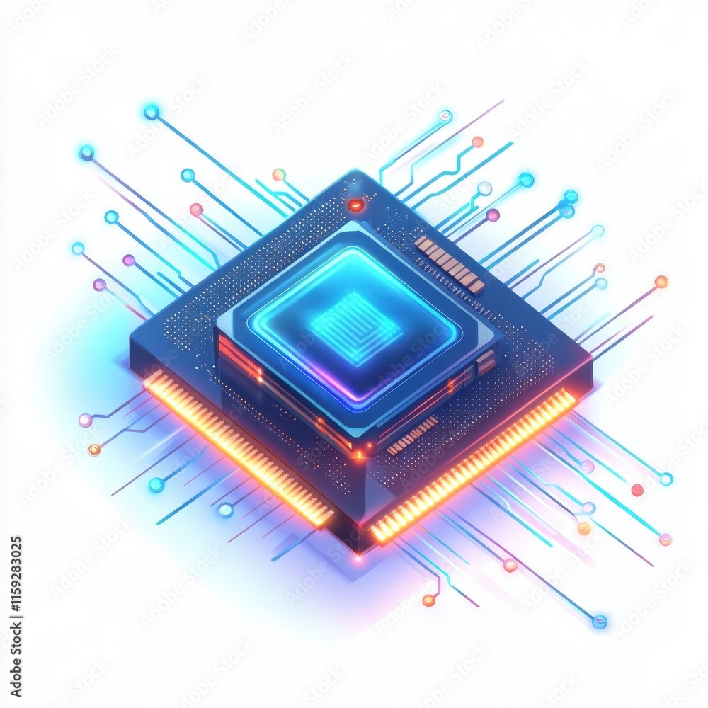 Poster futuristic microchip with glowing circuitry, symbolizing advanced technology and innovation.