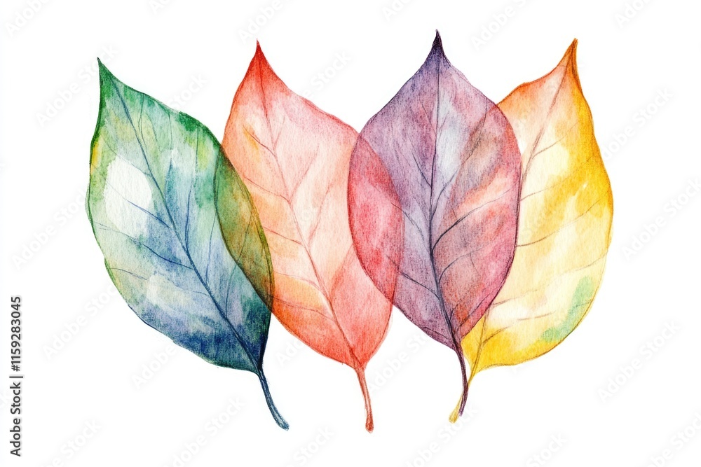 Poster A simple yet visually appealing image of three colorful leaves against a clean white background