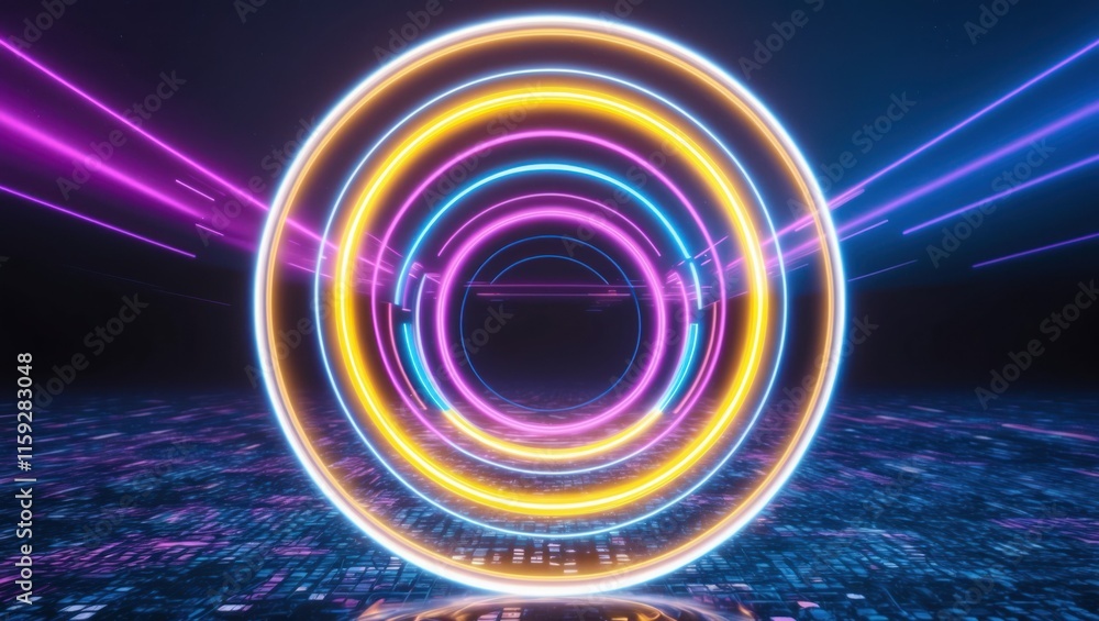 Aufkleber futuristic digital scene with glowing neon circles and vibrant colors creating a dynamic, abstract a