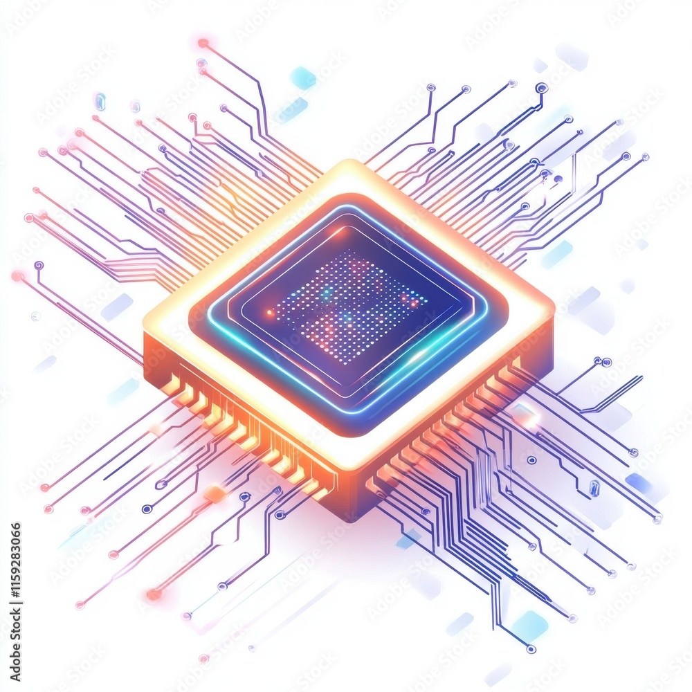 Poster an abstract illustration of a microchip with colorful electrical circuits emanating from it.