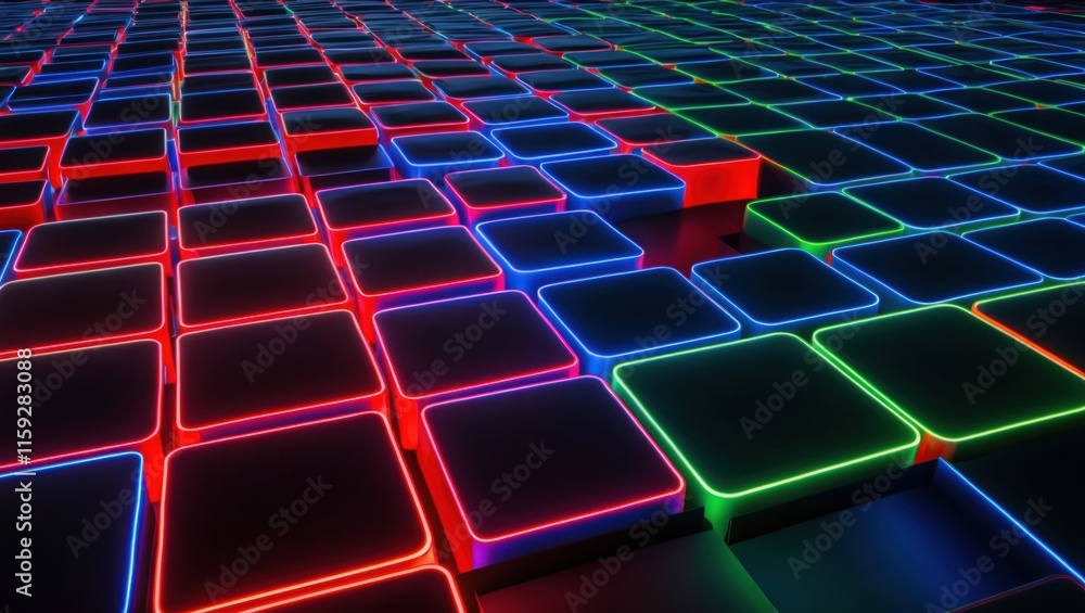 Poster Vibrant abstract design featuring a grid of illuminated squares with neon colors, creating a captivating technological atmosphere