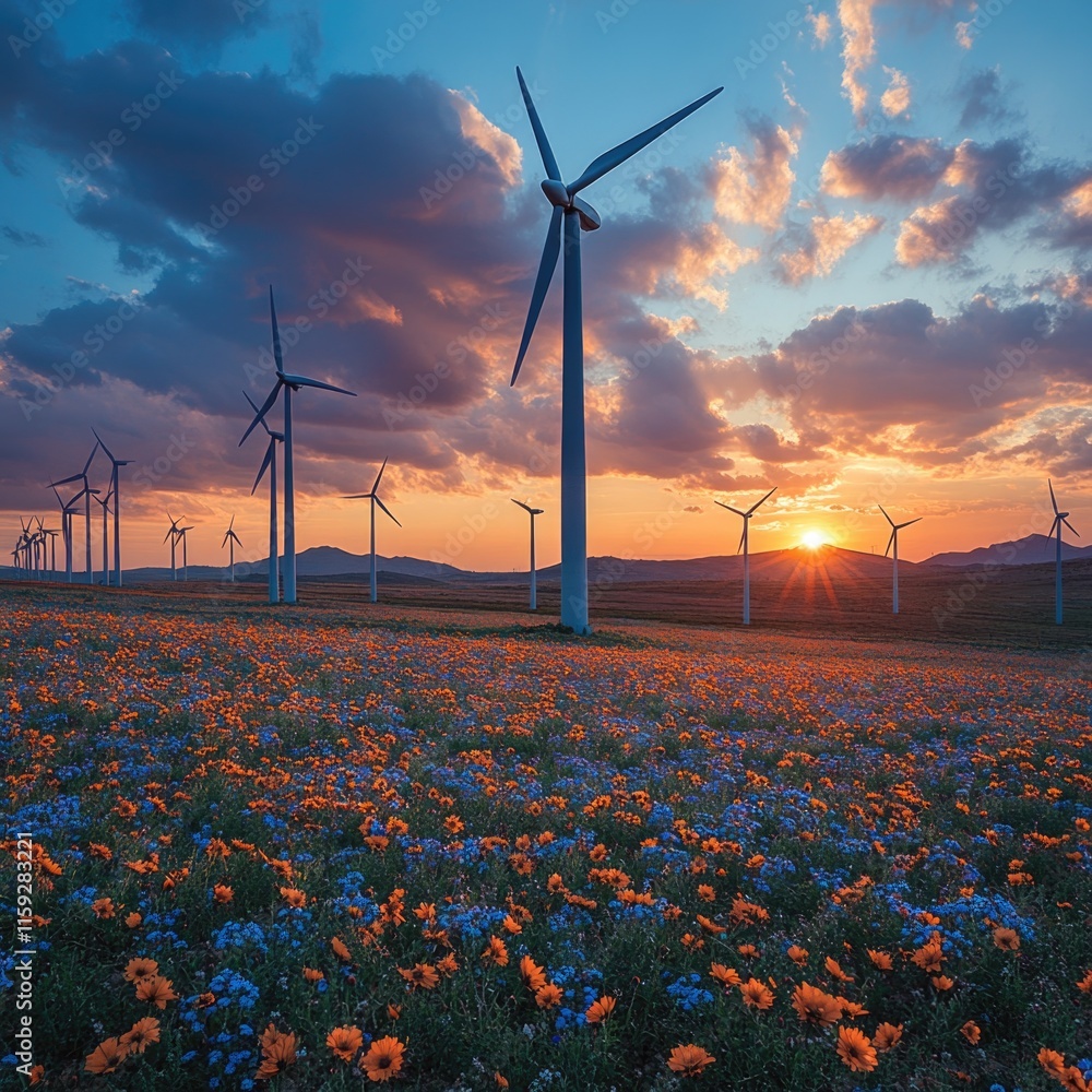 Poster a picturesque scene of a field of flowers with wind turbines visible in the distance