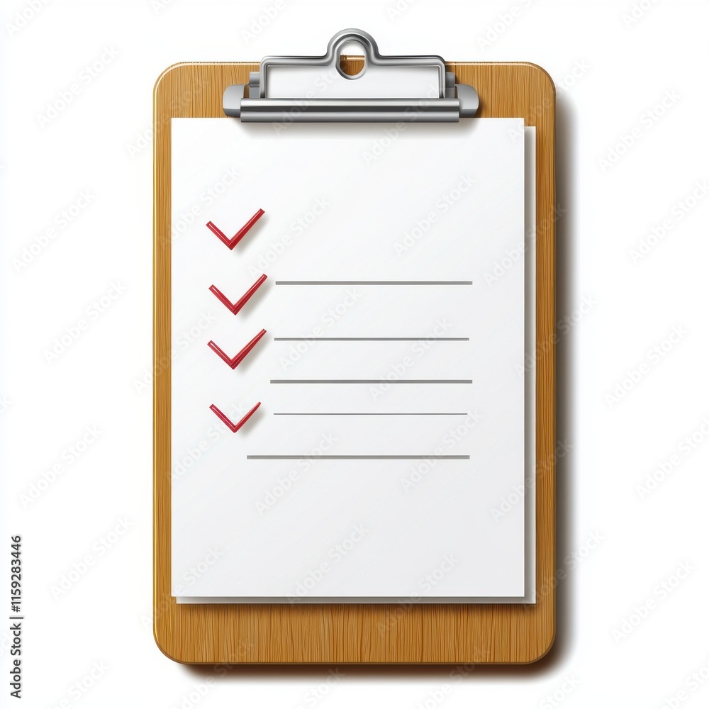 Poster a wooden clipboard with a checklist featuring red check marks, symbolizing productivity and task com