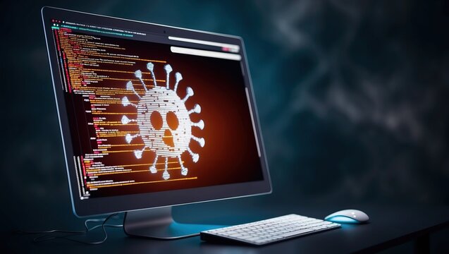 Monitor displays digital representation of virus with skull symbol, illustrating cybersecurity threat and technology's role in tracking malware