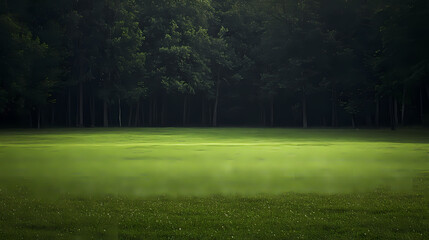 Obraz premium Secluded Meadow: An ethereal landscape unfolds, where a verdant meadow bathed in soft light gives way to a shadowy forest in the distance.