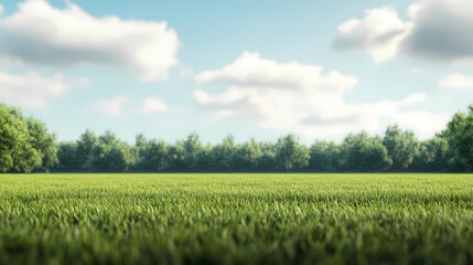 Serene Meadow Landscape: A breathtaking view of a lush green meadow stretching out beneath a bright blue sky, dotted with fluffy white clouds. The image evokes a sense of tranquility and peace.  