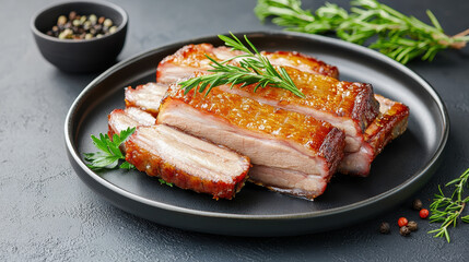 Crispy pork belly slices garnished herbs and the concept of saturated fat intake