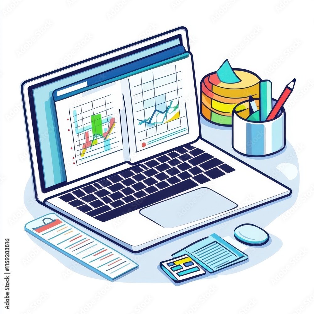 Poster an illustrated laptop displaying charts and graphs, surrounded by stationery items and colorful char