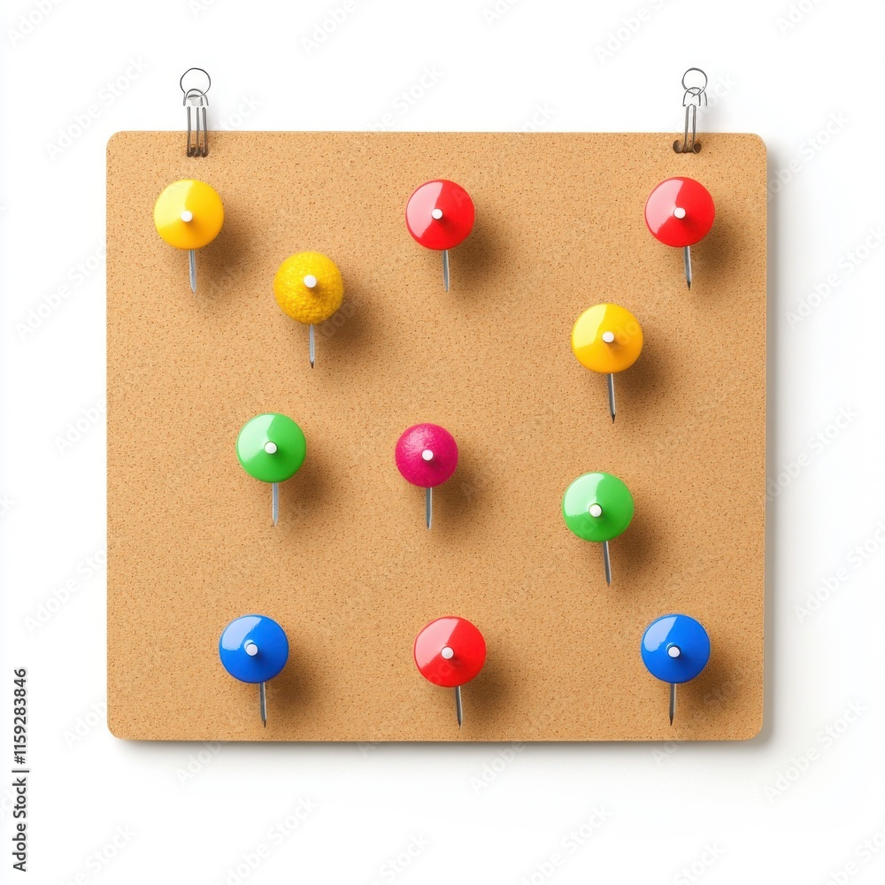Poster colorful push pins arranged neatly on a corkboard, adding a playful touch to organization.