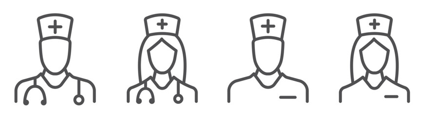 Man Doctor and Woman Doctor line icon set, physician sign, medicine and hospital care. Nurse symbols. Vector illustration

