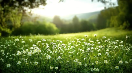 Beautiful Meadow with Wildflowers Basking in Sunlight during Spring Season