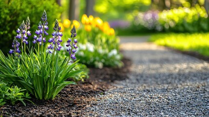 Vibrant Floral Pathway Surrounded by Colorful Blooms in a Tranquil Garden Setting