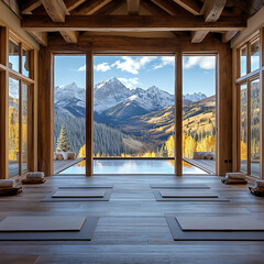 Serene Yoga Practice in a Mountain Retreat with Breathtaking Views of Snow-Capped Peaks and Autumn Trees in a Calm, Peaceful Environment