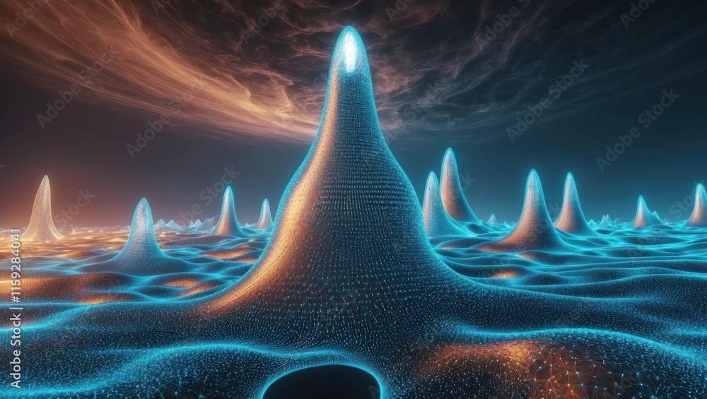 Poster futuristic digital landscape featuring glowing peaks and waves, creating an immersive and dynamic at