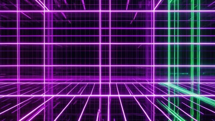 Fototapeta premium Futuristic digital grid with neon lights in purple and green, creating an abstract cyberspace atmosphere for technology themed designs